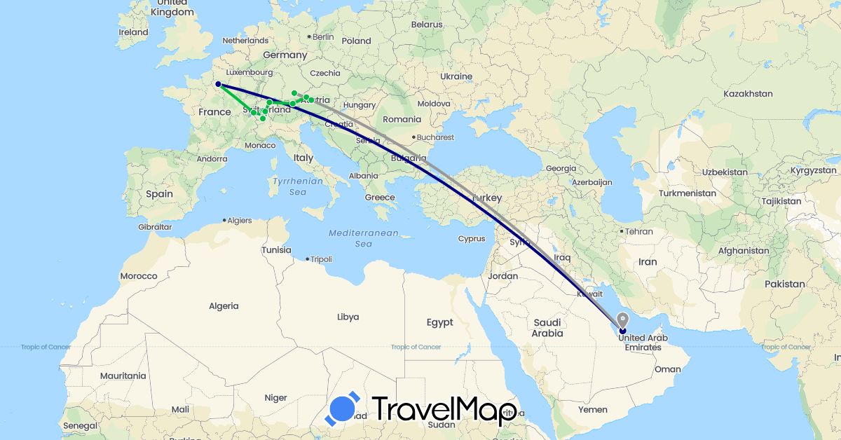TravelMap itinerary: driving, bus, plane in Austria, Switzerland, Germany, France, Qatar (Asia, Europe)